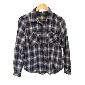 Forever 21 Flannel Button Up Shirt Women's S Long Sleeve Pearl Snap Plaid Gray